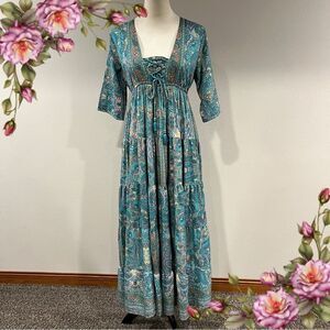 Boemo Anthropologie Turquoise Paisley Bohemian Peasant Maxi Boho Dress s medium